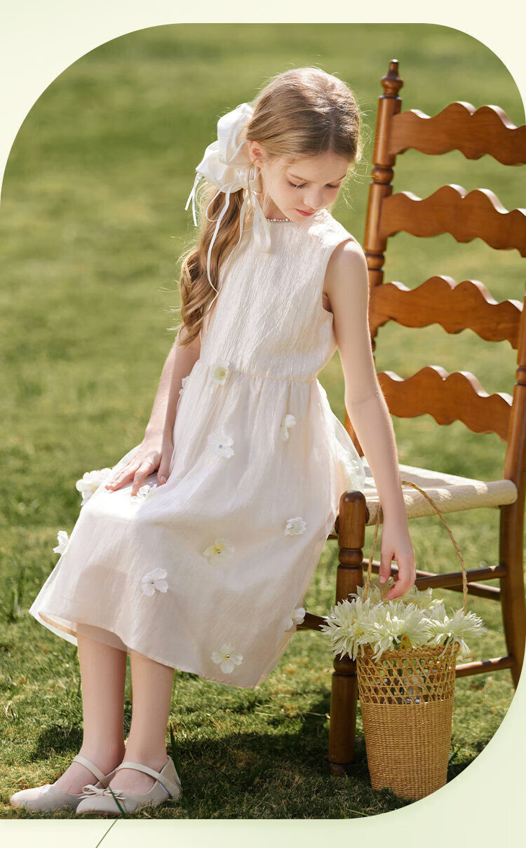 CHANZUIGOU Girls' French High-End Princess Dress 2026 Summer New Stylish Round Neck Floral Satin Dress 3